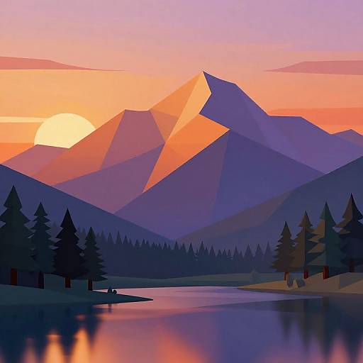 Geometric digital art of a sunset over purple and orange mountains, reflected in a serene lake with pine trees.