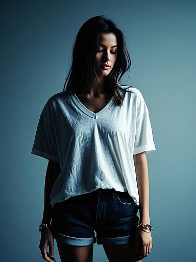 Young Woman in Casual White V-neck T-shirt and Black Denim Shorts