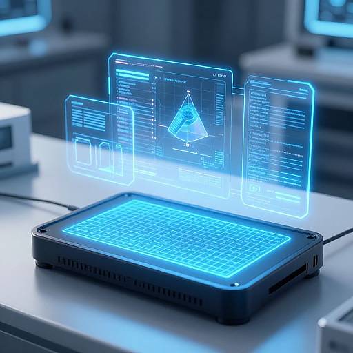 Photograph of a glowing, futuristic, blue-lit tablet displaying holographic screens with geometric and text interfaces, set on a sleek, white laboratory table