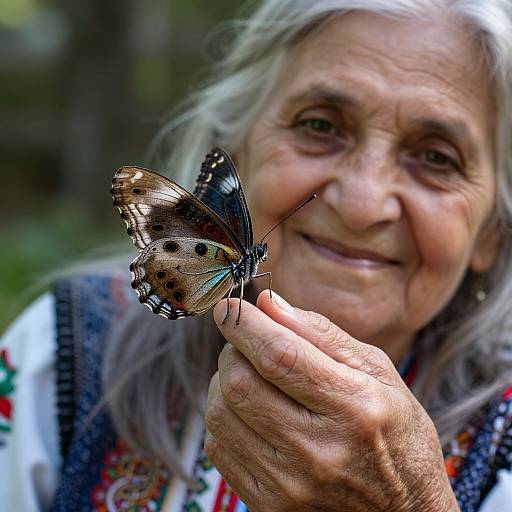 Photograph of an elderly woman with gray hair, smiling warmly while holding a detailed, patterned butterfly close to her face.