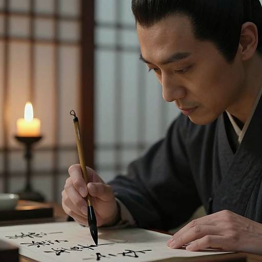 Photograph of an Asian man with black hair, wearing a dark kimono, writing with a black ink brush on paper, illuminated by a candlelit