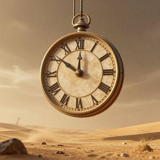 Photograph of a hanging antique pocket watch with black Roman numerals, suspended by a chain in a golden desert sunset.