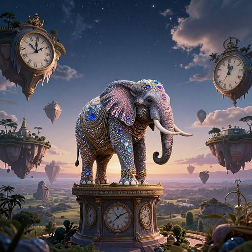 Digital artwork of a sparkly, gem-encrusted elephant on a clock pedestal, surrounded by floating clock islands, hot air balloons, and a