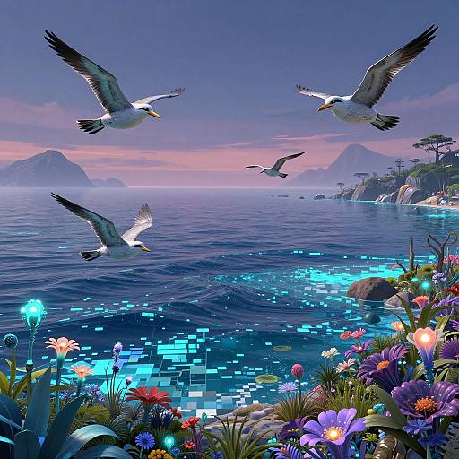 Digital fantasy scene: five white seagulls flying over a vibrant, glowing blue ocean, surrounded by colorful flowers and illuminated water. Mountainous horizon in