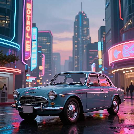 Retro Blue Classic Car in Neon Cityscape
