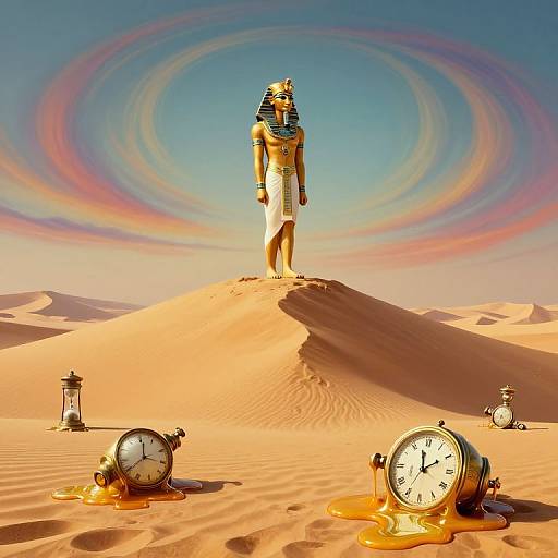 Photorealistic CGI of a pharaoh statue with blue striped headdress standing on a sand dune, surrounded by clocks melting with clock hands pointing to