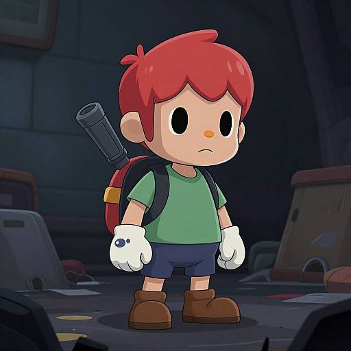 Cartoon boy with red hair, green shirt, blue shorts, brown boots, white gloves, backpack, and gun, standing in dimly lit junk