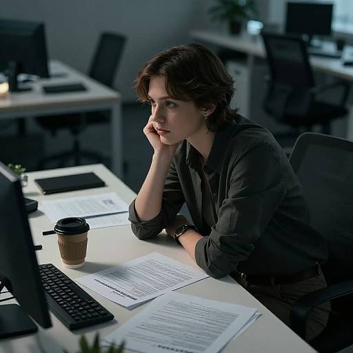 Photograph of a pensive young woman with short brown hair, wearing a black blouse, sitting at a modern office desk with a coffee cup, keyboard