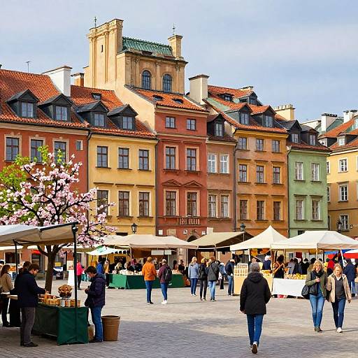 Photograph of a vibrant European square with colorful, historic buildings, cherry blossom tree, outdoor cafes, and people walking under white umbrellas.