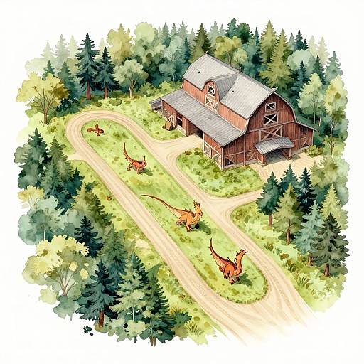 Colorful illustration of a wooden barn surrounded by a forest, with a winding dirt road and five deer grazing nearby.