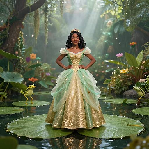 Photograph of a smiling Black woman in a gold and mint green princess gown, standing in a magical jungle lily pond, surrounded by frogs and vibrant