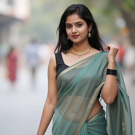 Photograph of a confident Indian woman with long black hair, wearing a translucent green saree, black top, gold jewelry, standing on a blurred street