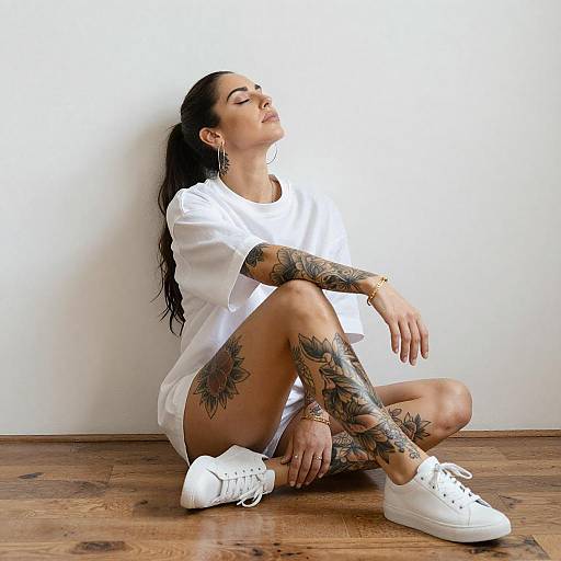 Tattooed Woman Sitting on Floor