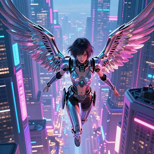 Digital anime artwork: Angelic warrior with metallic wings, futuristic armor, flying over neon-lit, cyberpunk cityscape, vibrant blue and pink lights