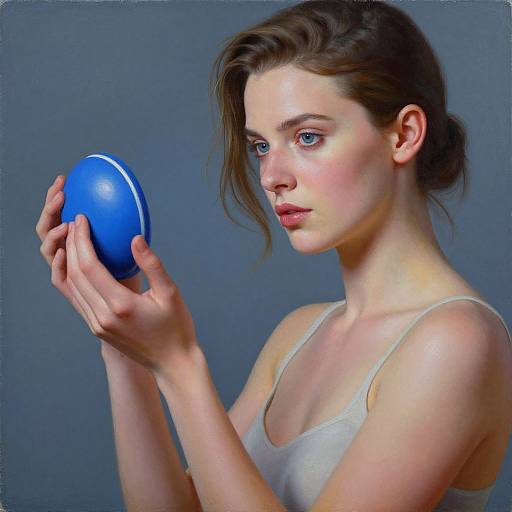 Photorealistic digital painting of a fair-skinned woman with blue eyes, brown hair in a messy bun, wearing a white tank top, holding a