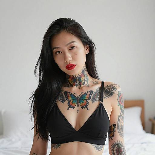 Tattooed Asian Woman in Bright Room