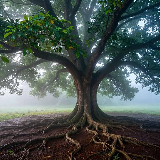 Ethereal Misty Glade with Ancient Tree