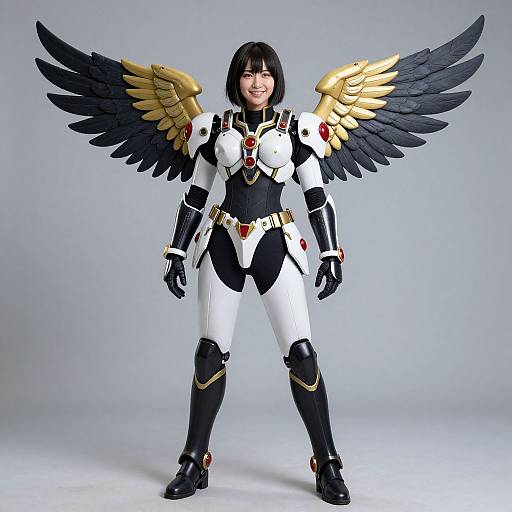Photograph of a smiling Asian woman in white and black winged costume with gold and black wings, red jewels, and black boots.