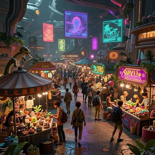 Vibrant, neon-lit cyber market at night, crowded with people, stalls selling fresh produce, glowing signs, futuristic architecture, colorful, bustling