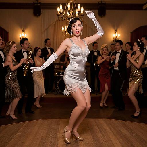 Photograph of a curvy, fair-skinned woman in a silver, fringed, 1930s-style dress and white gloves, dancing on