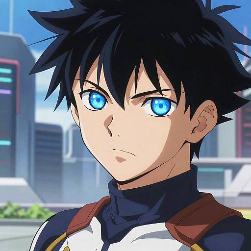 Anime Hero with Electric Blue Eyes in Futuristic Armor