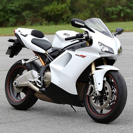 Photograph of a sleek white Yamaha R6 sport motorcycle with black accents, red-rimmed wheels, and a grassy background.