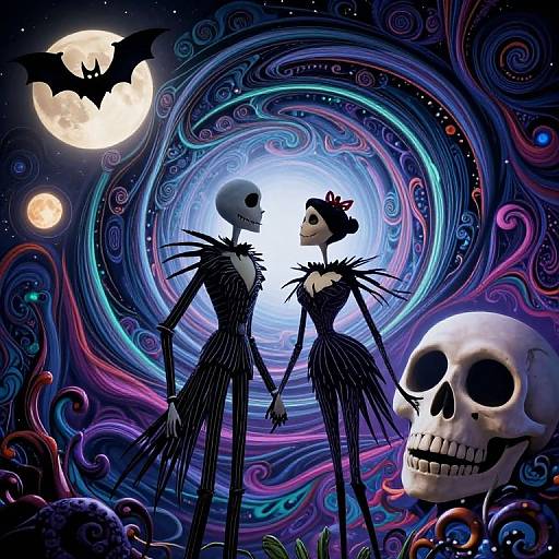 Digital artwork: Gothic, surreal scene with black, skeletal Jack Skellington figures in pinstripe suits, holding hands, under swirling, colorful night