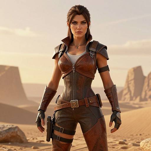 CGI image of a strong, attractive woman with brown hair, leather armor, and a gun holster in a desert landscape at sunset.