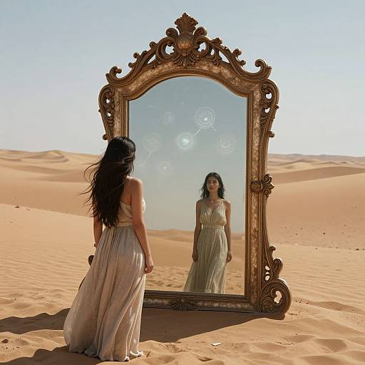 A woman with long black hair in a flowing beige dress stands in a desert, facing an ornate, gold-framed mirror reflecting her image with bubbles