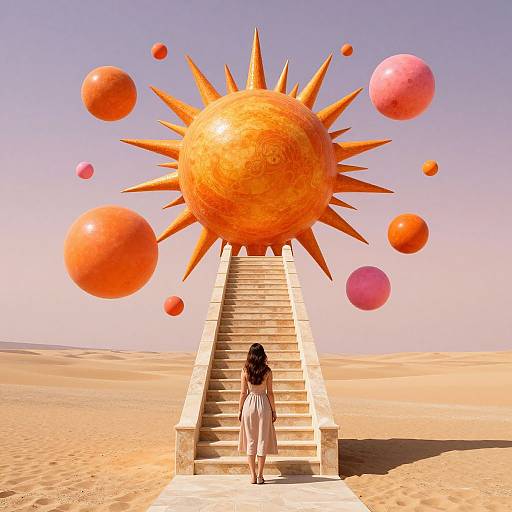 Photorealistic CGI: Woman in white dress ascends stone staircase towards giant, orange, sun-like orb with spikes and floating pink orbs in desert.
