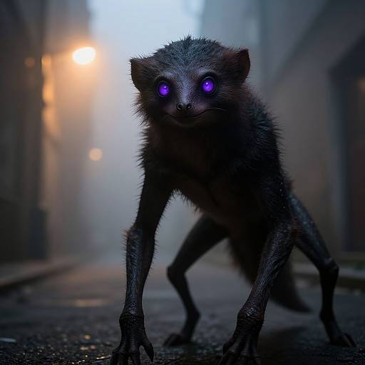 Digital artwork of a eerie, glowing-eyed, dark-furred monkey-like creature standing in a foggy, dimly-lit alley with streetlight glow