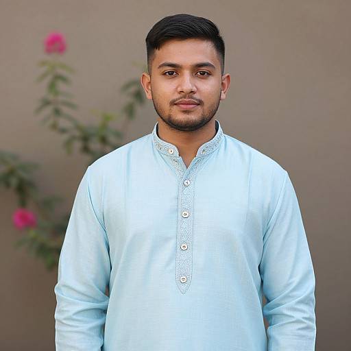 Photograph of a young South Asian man with short black hair and beard, wearing a light blue traditional long kurta, standing against a blurred beige wall