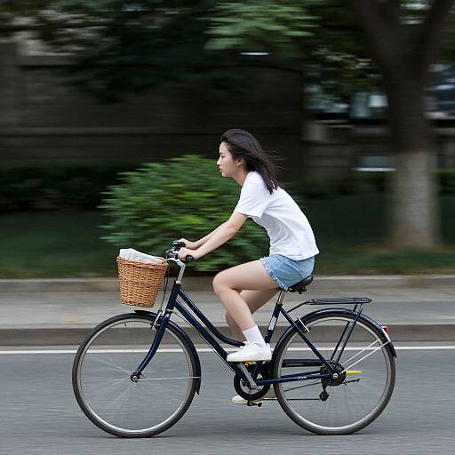 Photograph of a young woman with dark hair, wearing a white t-shirt, blue shorts, and white sneakers, riding a black bicycle with a w
