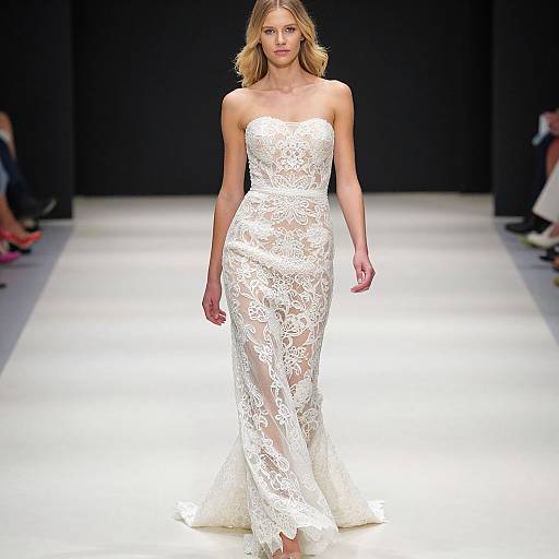 Photograph of a blonde woman with wavy hair, wearing a strapless, white lace wedding dress, walking on a bright runway.