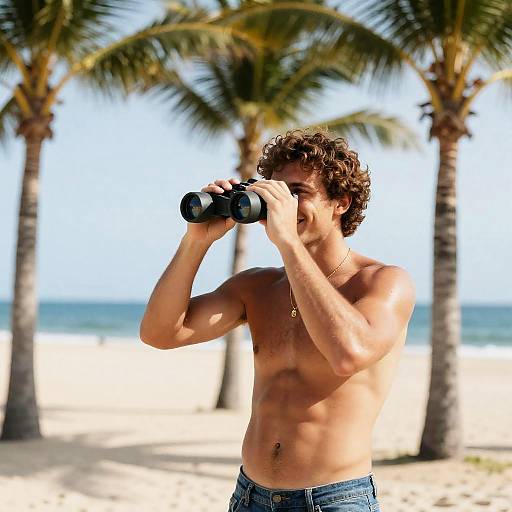 Smiling Man at Beach with Binoculars