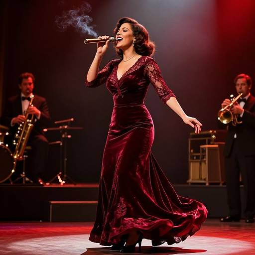 Photograph of a woman with dark hair in a deep red lace dress, singing into a microphone on stage, with brass musicians in the background under red