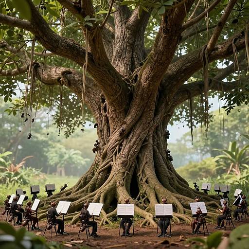 Photograph of a symphony orchestra performing under a massive, ancient tree with thick, sprawling roots in a lush, green forest. Musicians hold white