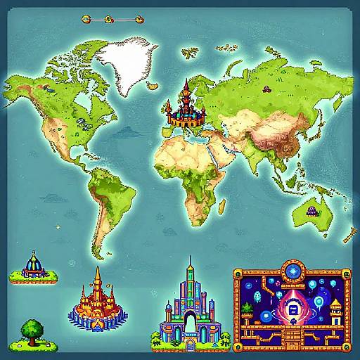 Pixel art world map featuring colorful, detailed castles and towers on continents, with a starry, magical interface box at the bottom right.