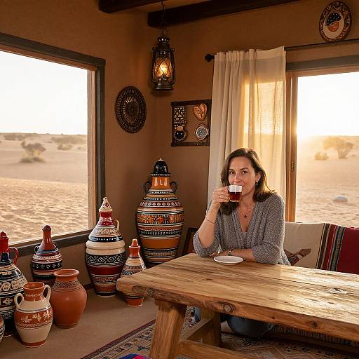 Photograph of a woman with long brown hair, gray shirt, sipping tea at rustic desert café, surrounded by colorful, patterned pottery.