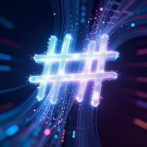 Digital CGI image of a glowing, neon blue and white cross with radiant lines and colorful dots on a dark background.