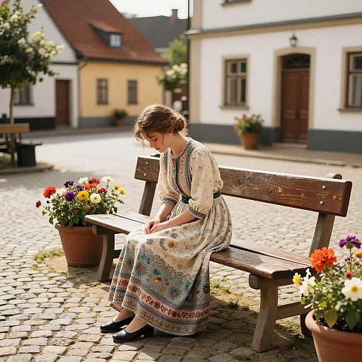 Photograph of a young woman with braided hair, wearing a colorful embroidered dress, sitting on a wooden bench, surrounded by potted flowers in a