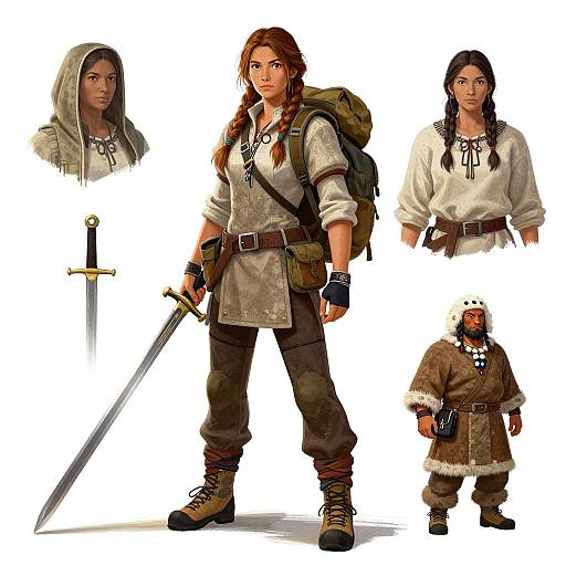 Digital illustration of a brown-haired, braided woman in medieval attire with a backpack, holding a sword, alongside various headshots and a bearded,