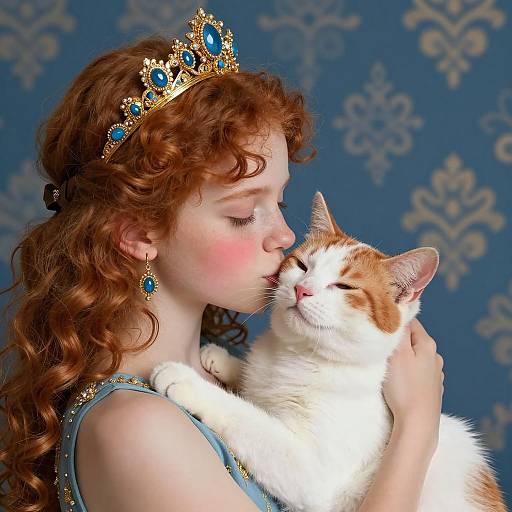 Girl Kissing Cat with Ornate Headpiece