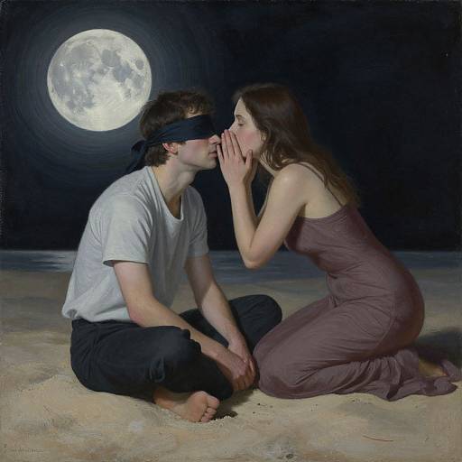 Photorealistic painting of a blindfolded man and a woman in a brown dress kissing under a full moon on a sandy beach.