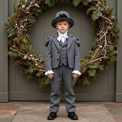 Photograph of a young boy in a vintage gray pinstripe suit, white shirt, and black bowler hat, standing in front of a Christmas