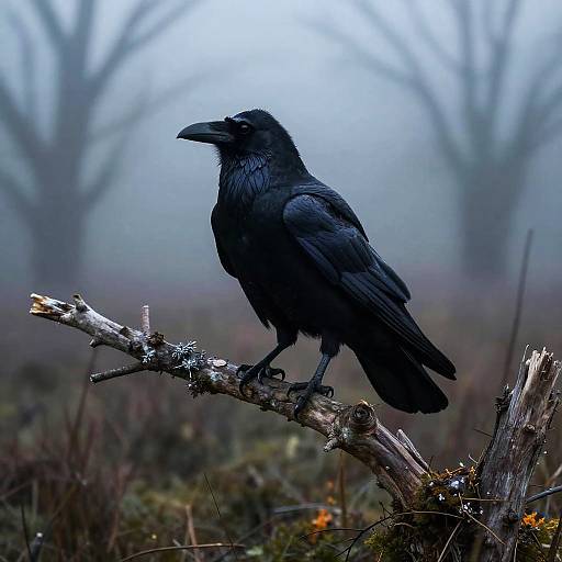 Photograph of a solitary black crow perched on a moss-covered branch in a misty, foggy forest with blurred, leafless trees in the