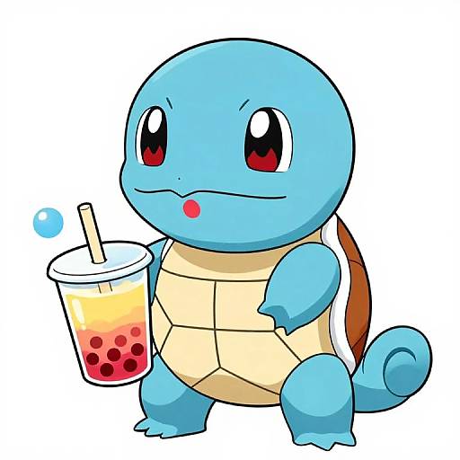 Digital drawing of a blue, turtle-like Pokémon holding a bubble tea with red and yellow drink, large red eyes, and a beige shell.