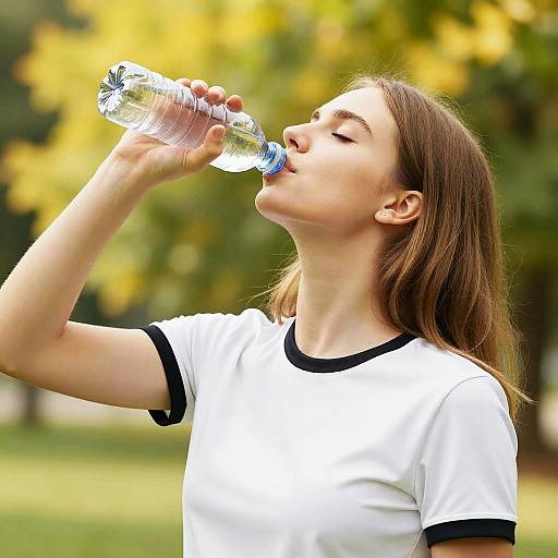 Photograph of a young woman with light brown hair, wearing a white shirt with black trim, drinking from a clear water bottle outdoors, with a blurred