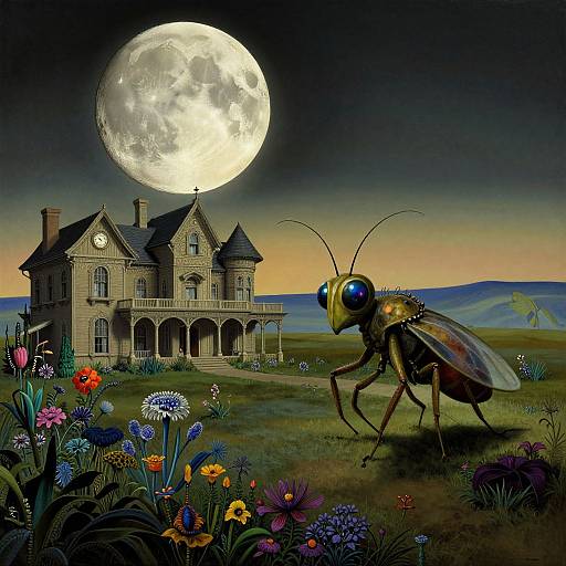 Digital artwork of a giant insect with blue eyes and transparent wings standing near a Victorian house under a full moon, surrounded by colorful flowers, with a sunset