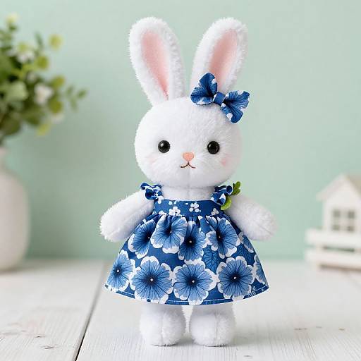 Photograph of a white plush bunny wearing a blue floral dress and bow, standing on a white wooden surface. Background includes soft green wall, blurred flowers